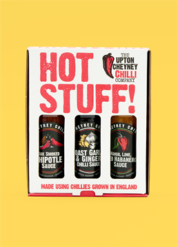 Get your taste buds tingling with our Chilli Sauces Gift Box! This pack of 3 Upton Cheyney Chilli sauces features unique flavors like roasted garlic &amp; ginger - mango, lime &amp; habanero - and oat smoked chipotle. Made with locally grown chillies, this gift is perfect for any hot sauce lover.